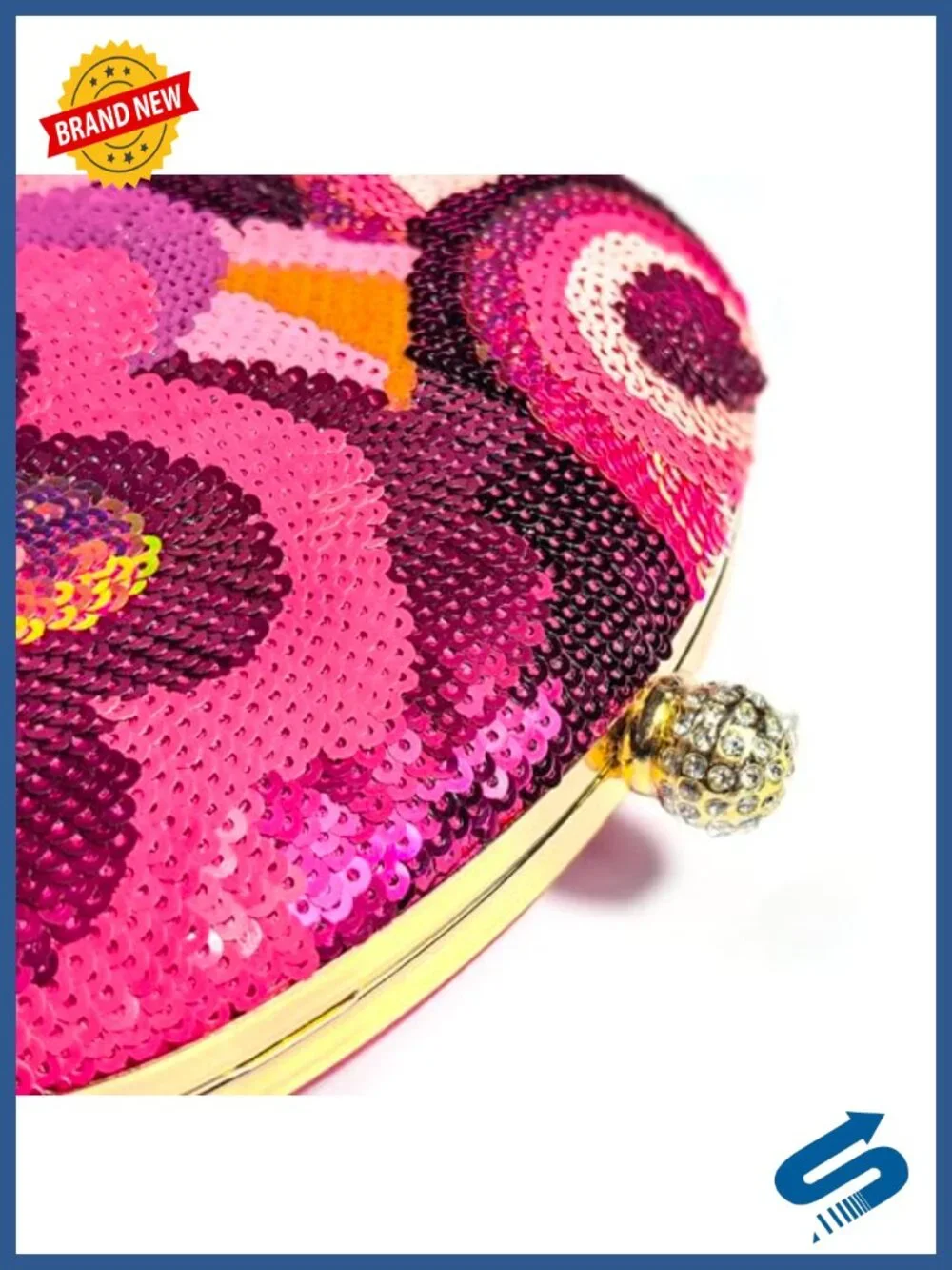 Floral Sequin Evening Clutch with Rhinestone Clasp Detachable Chain Strap